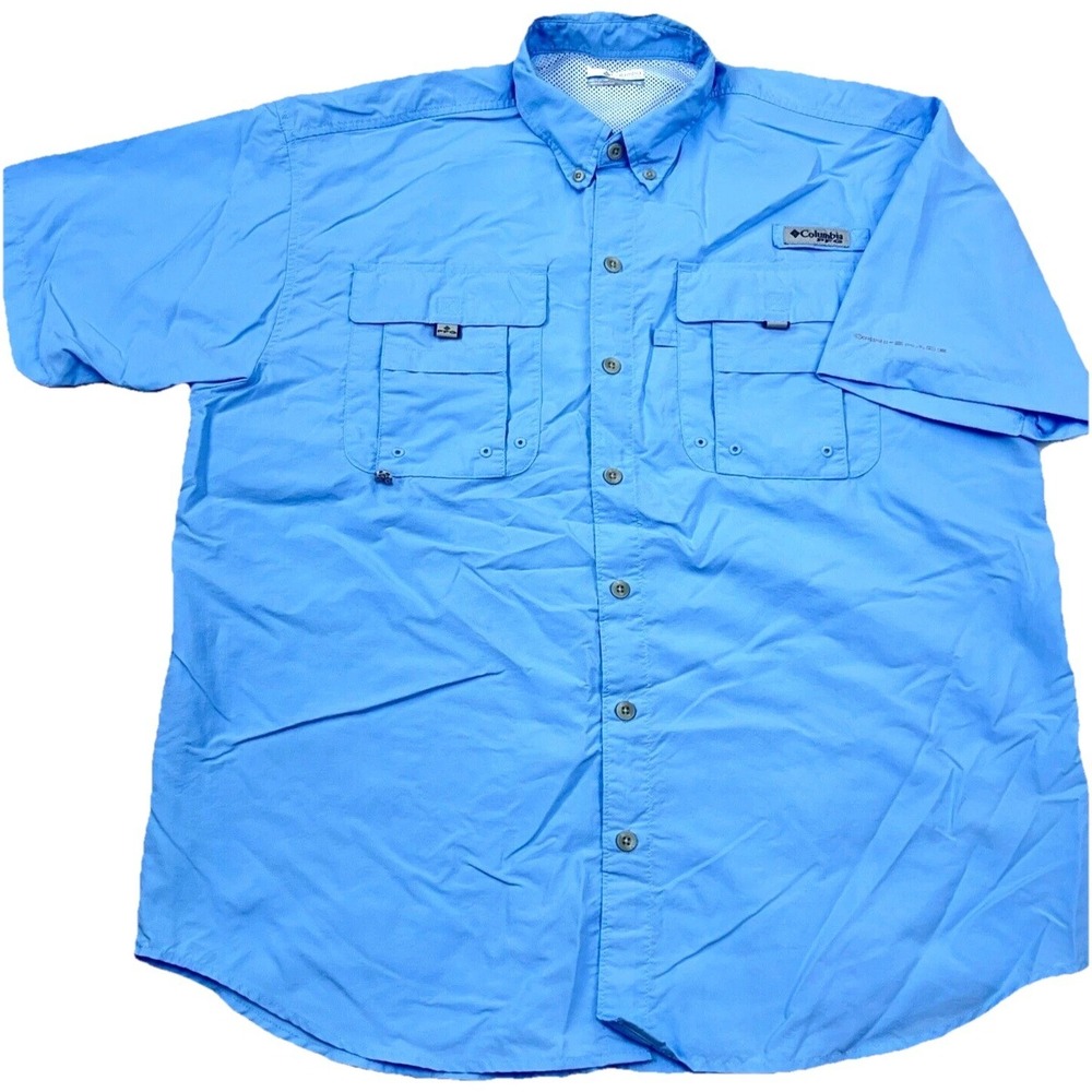 Columbia PFG Shirt Men Medium Blue Button Up Camp Outdoor Performance Fishing 07